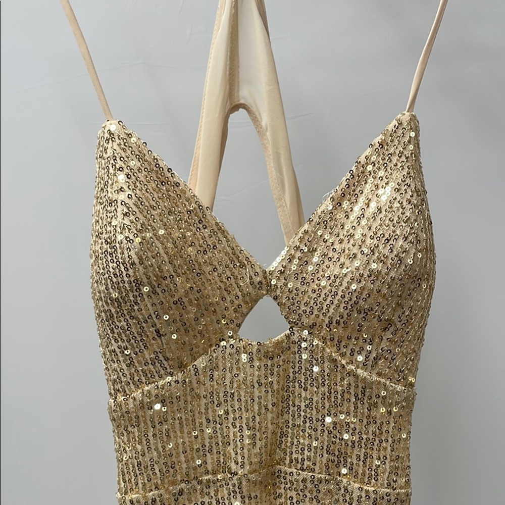 Gold Sequin Spaghetti Strap Full Length Gown - Picture 2 of 7